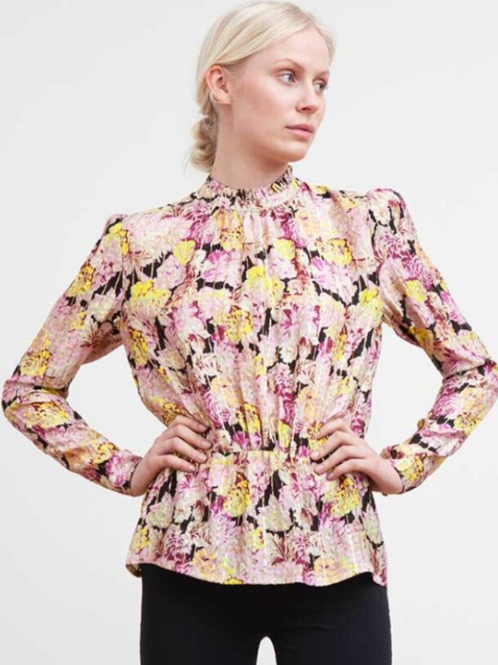 Birgitte Herskind Pink Metallic Floral Crystal Silk Blend Long Sleeve Blouse